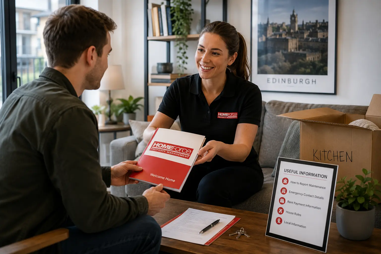 Homeforce team member handing a welcome information pack to a tenant across an office desk.