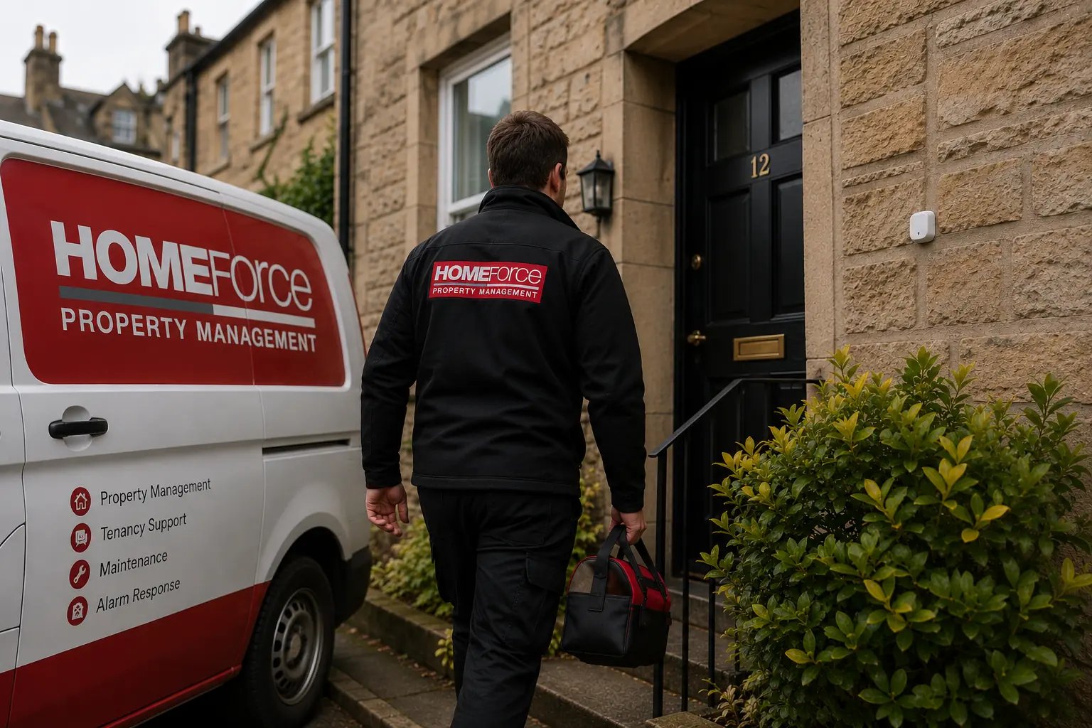 Homeforce team member at a stone property entrance beside a branded property management van.