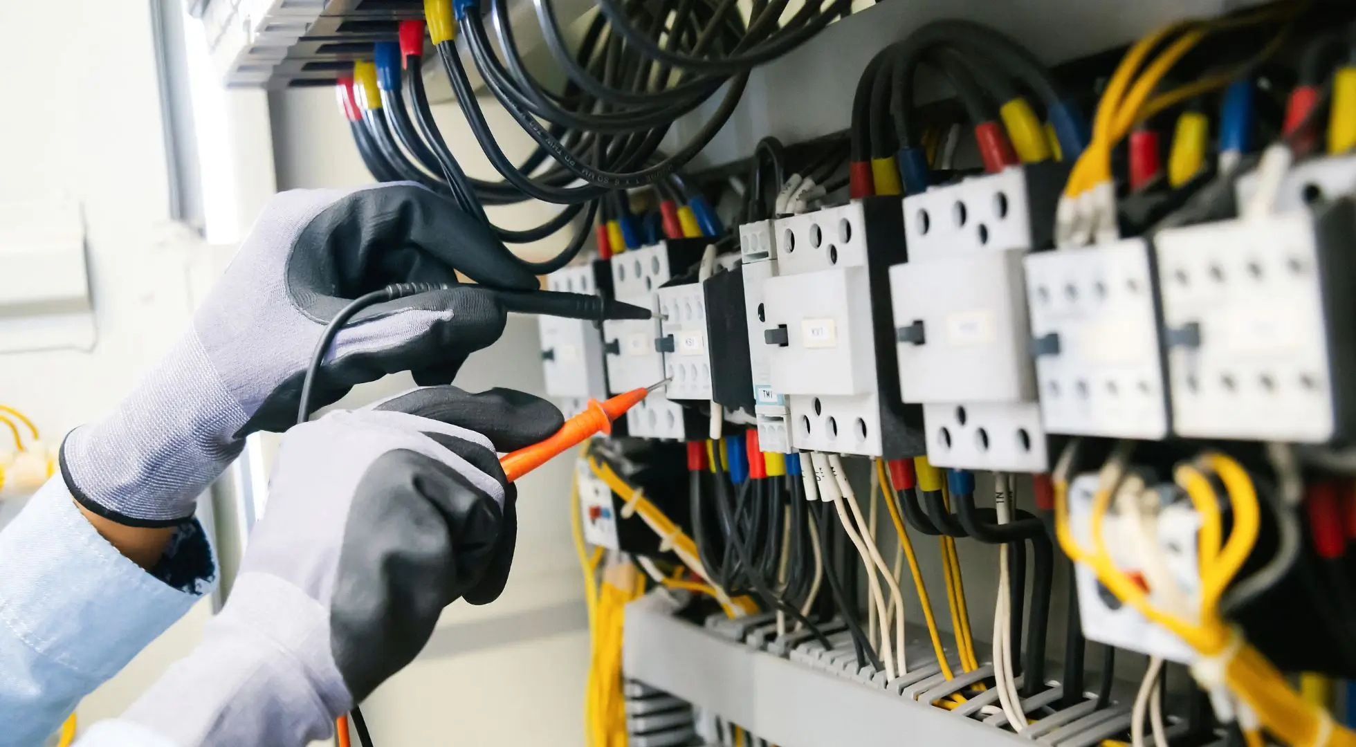 Electrician checking wiring and connections inside an electrical distribution board.