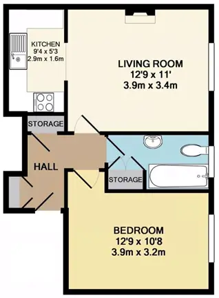 Original floor plan showing a separate kitchen and living room, hall, bathroom and bedroom.
